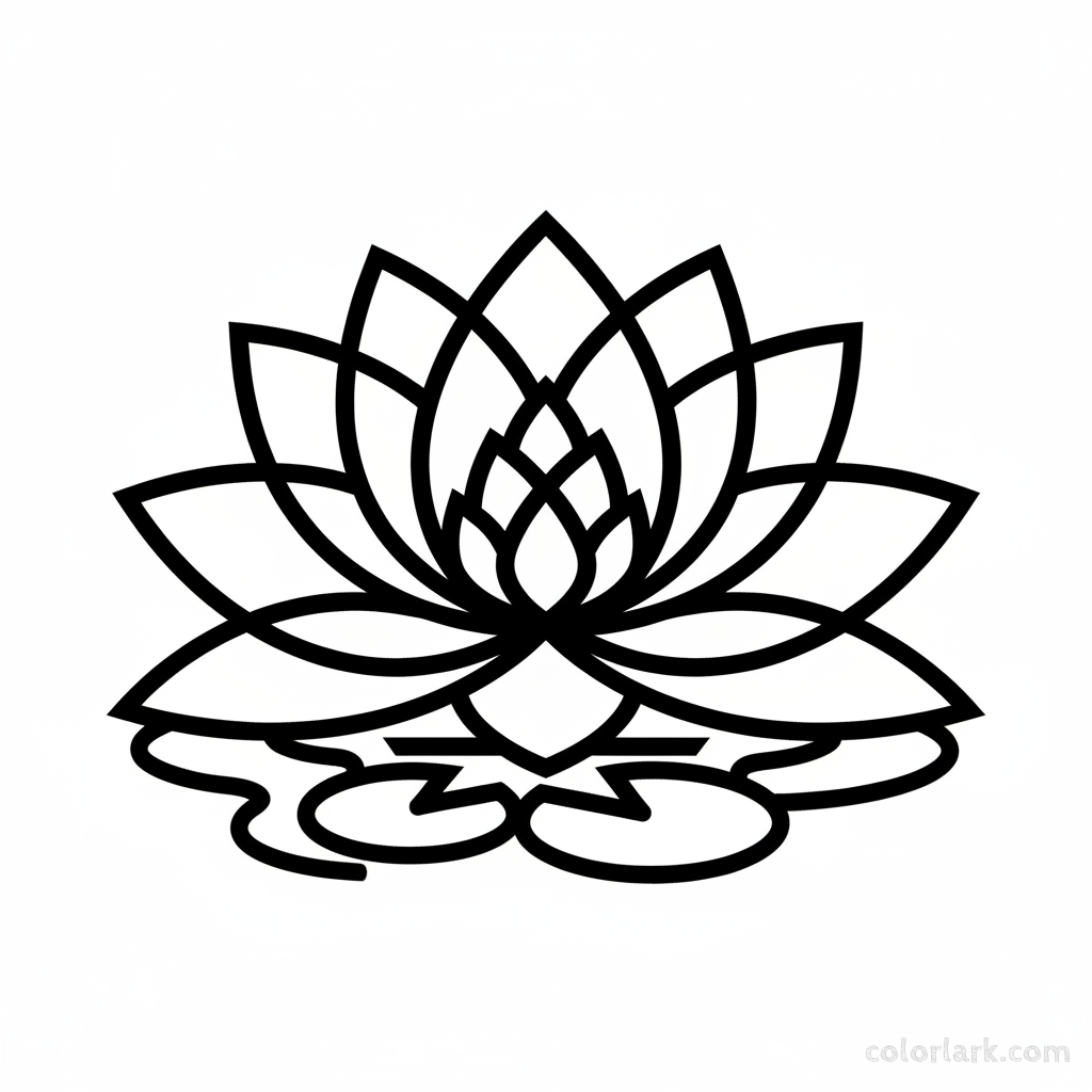 Black and white line art of a modern art lotus pattern with sharp, clean lines.