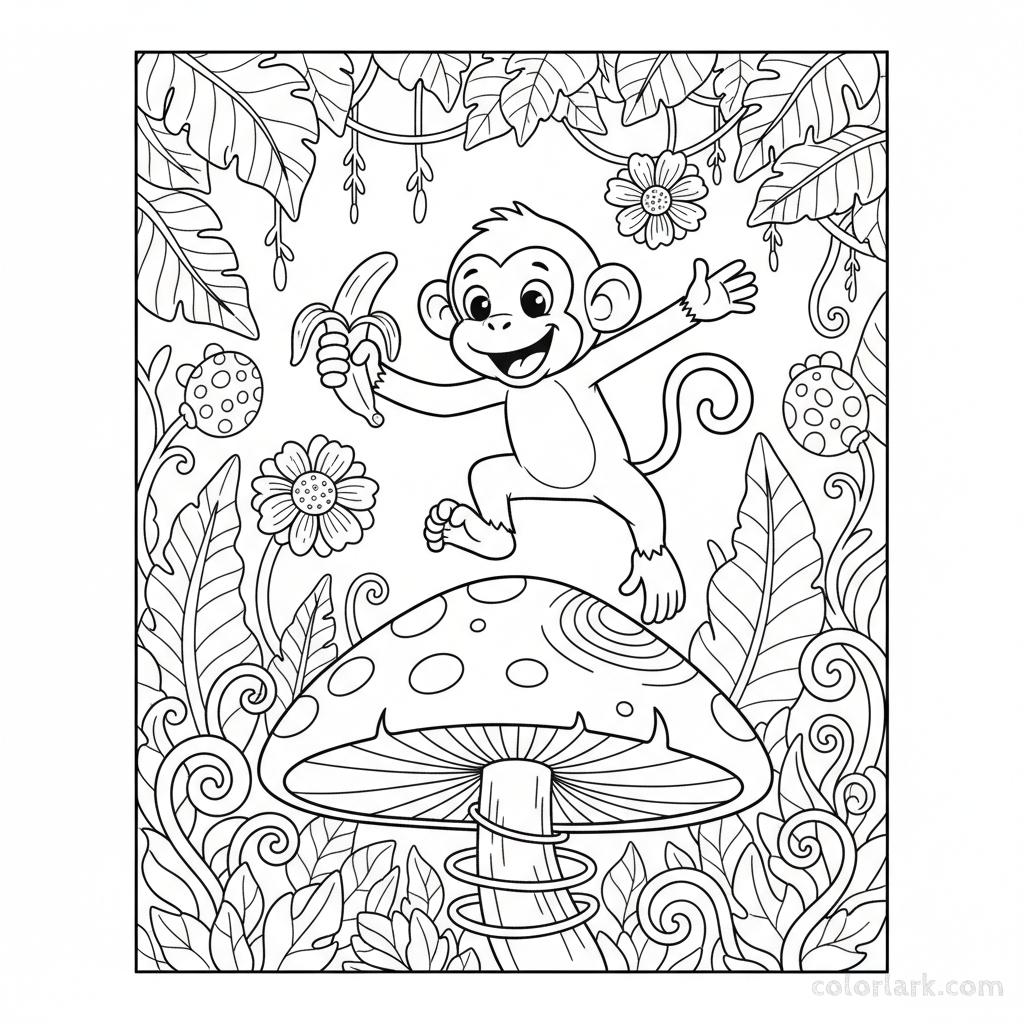 Black and white line art of a monkey joyfully bouncing high off a large, bouncy mushroom cap, holding a half-eaten banana.
