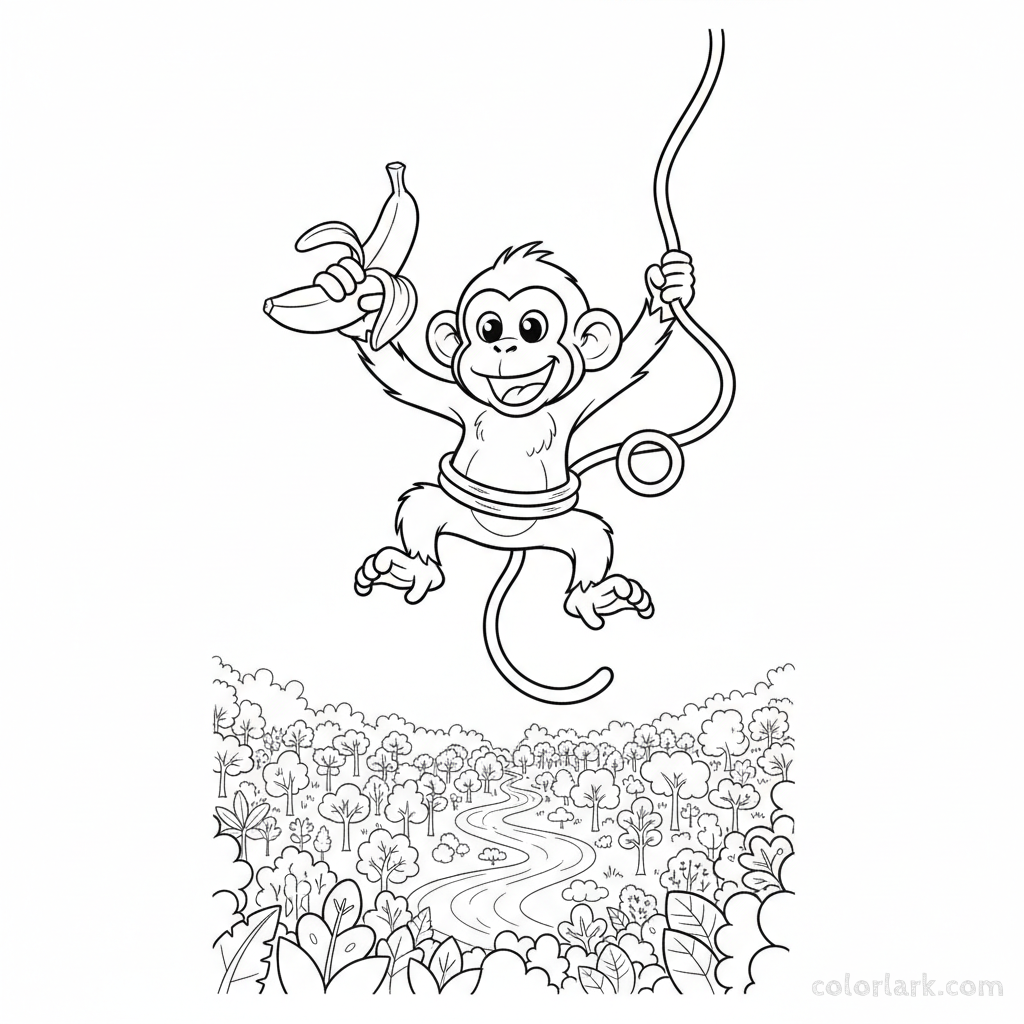 Black and white line art of a monkey bungee jumping from a high branch or cliff, holding a banana and looking thrilled.