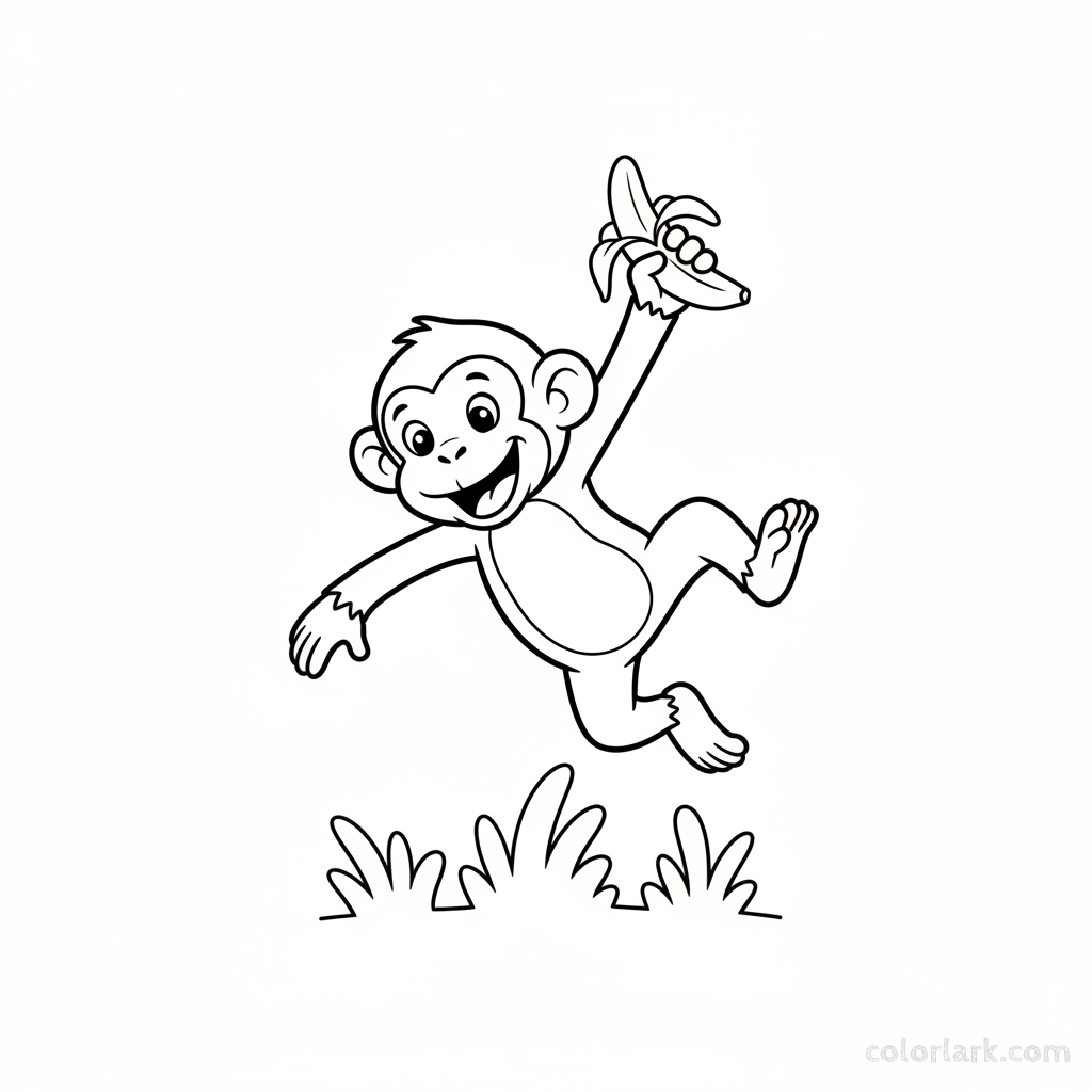 Line art of a monkey performing a dynamic cartwheel-like jump on the ground, eagerly reaching for a banana.