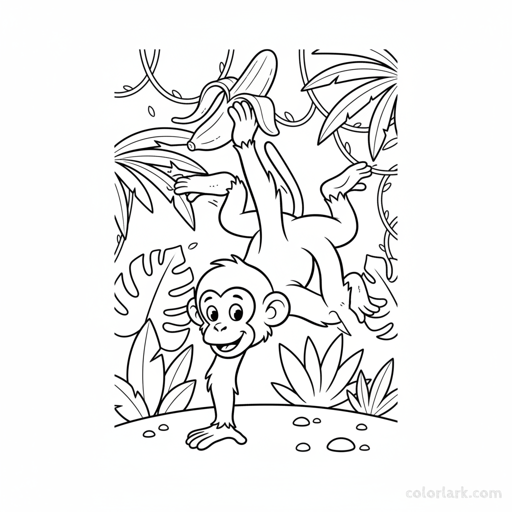 Line art of a monkey performing a dynamic handstand-into-jump, holding a banana with its feet.