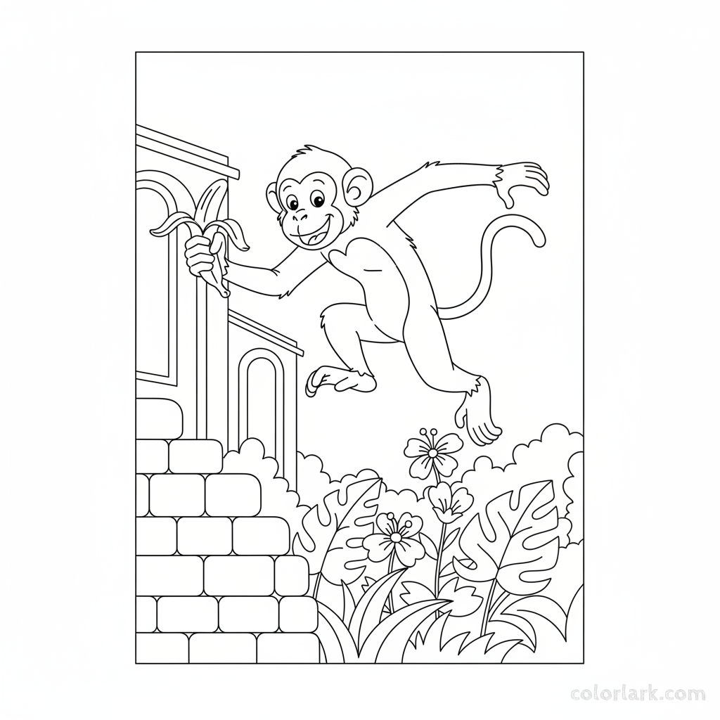 Black and white line art of a monkey in a swift jump from a wall, clutching a stolen banana, looking back mischievously.