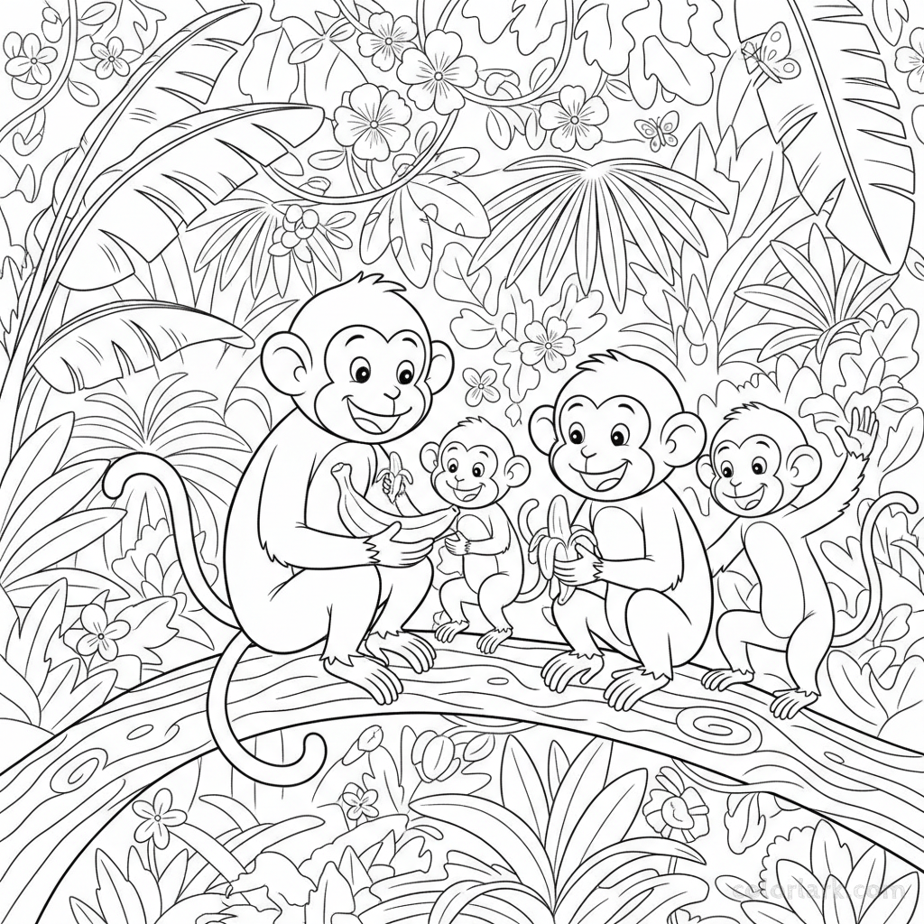 Black and white line art of a monkey family sharing bananas in a dense Indian forest