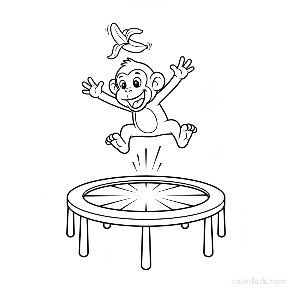 Black and white line art of a monkey jumping high on a trampoline, with a banana mid-air, looking delighted.