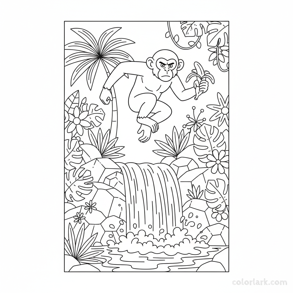 Line art of a monkey mid-leap over the cascading water of a small waterfall, holding a banana.