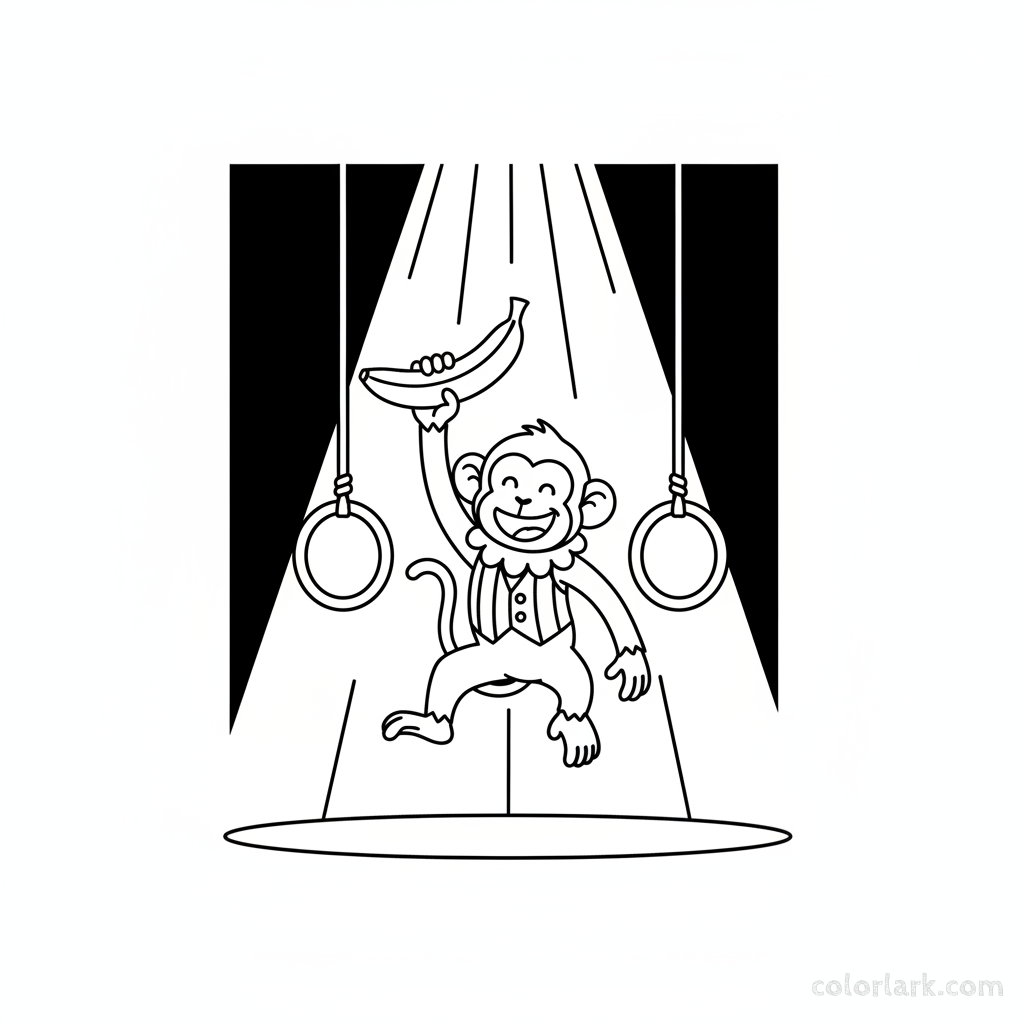 Line art of a monkey making a graceful jump through a series of hanging rings, clutching a banana triumphantly.