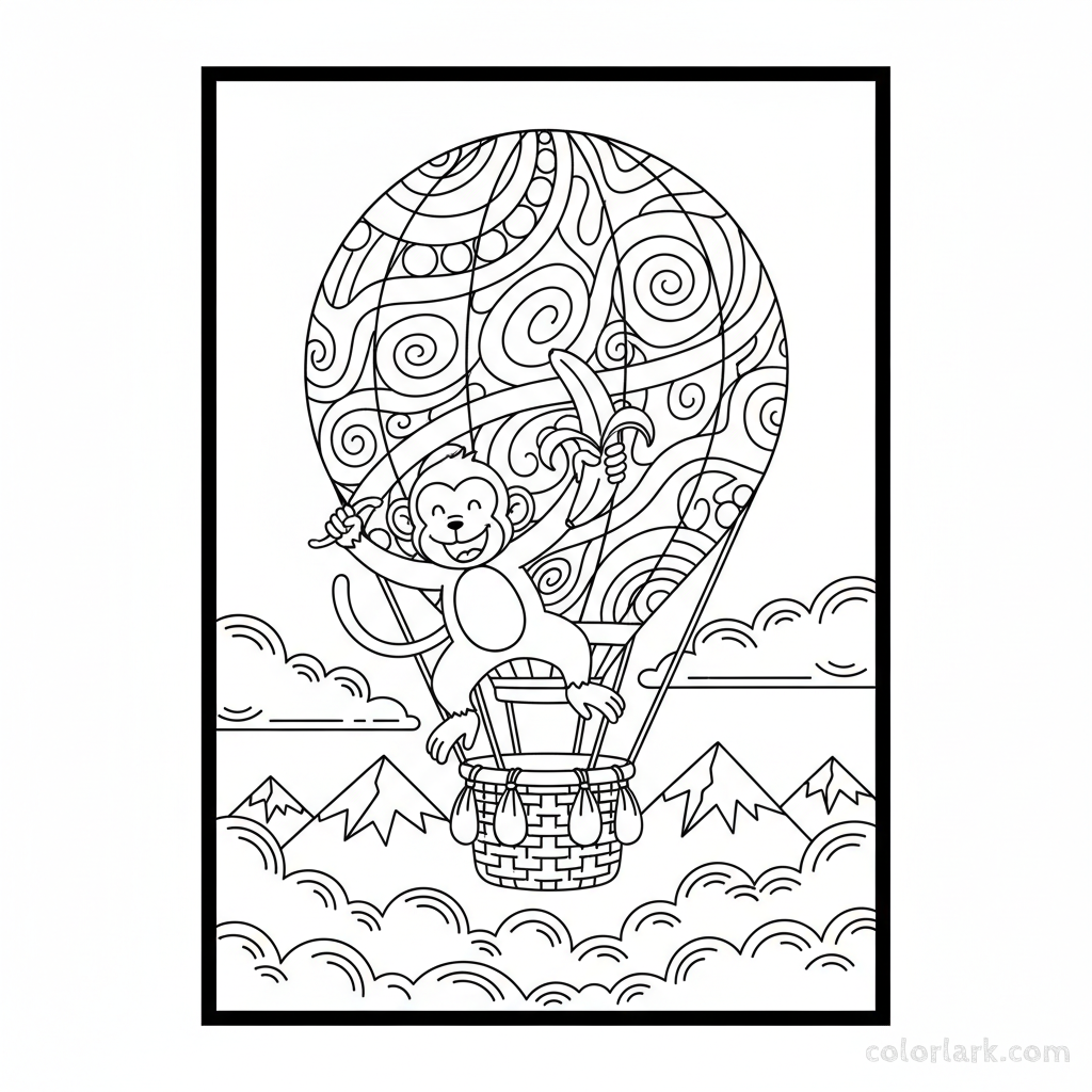 Black and white line art of a monkey playfully leaping from the basket of a hot air balloon, holding a banana, with clouds in the background.