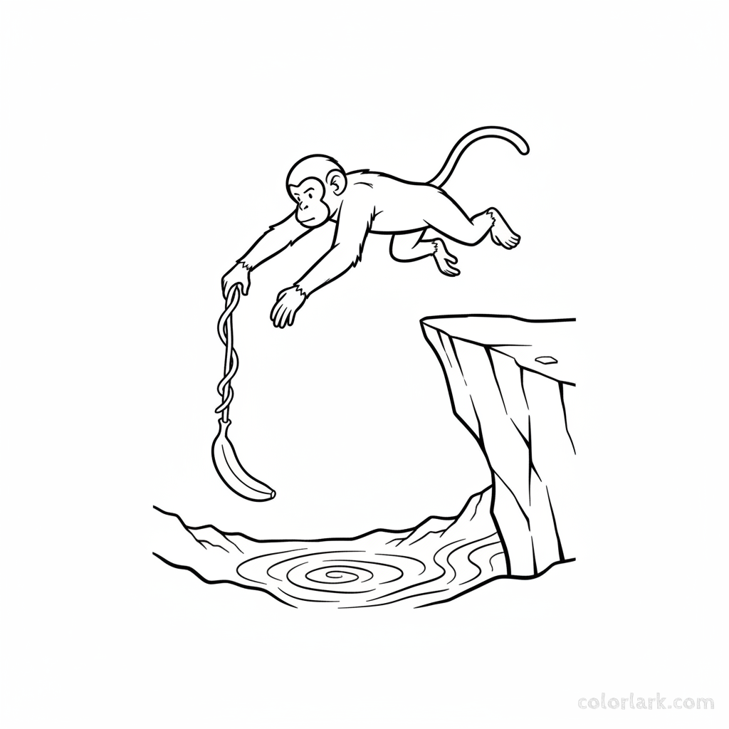 Black and white line art of a monkey making a daring leap from a cliff edge, reaching for a banana dangling below.
