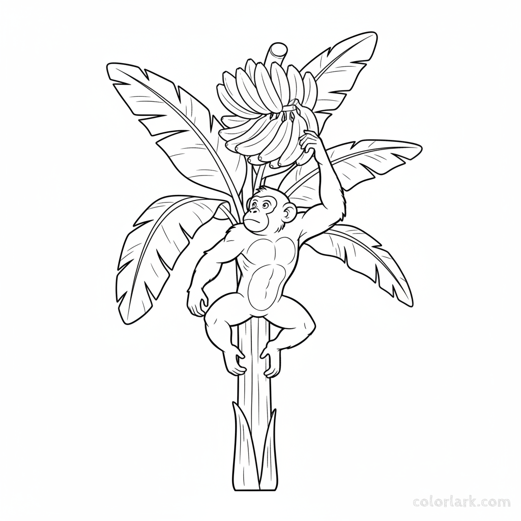 Black and white line art of an energetic monkey leaping onto a banana tree trunk, looking at a bunch of bananas.