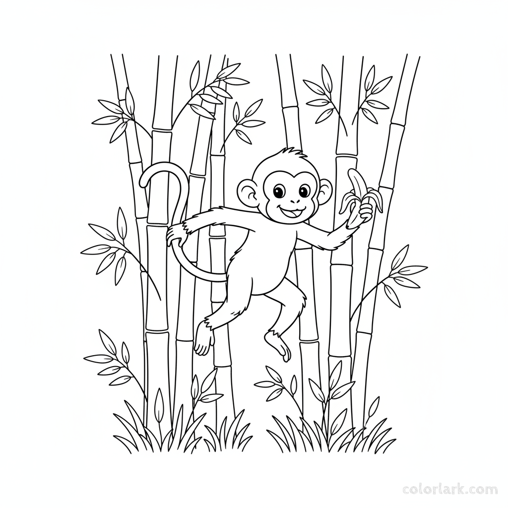 Black and white line art of a monkey gracefully leaping between tall bamboo stalks, holding a banana.