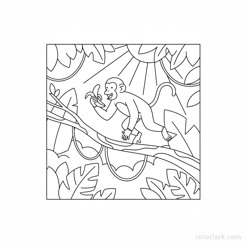 Line art of a monkey gracefully leaping between high tree branches, holding a banana, with sunbeams filtering through the jungle canopy.
