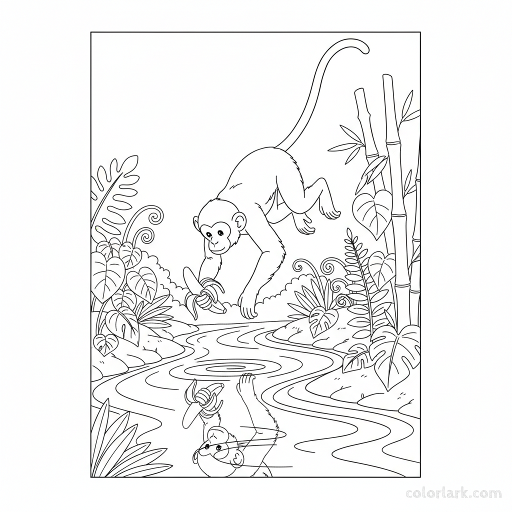 Line art of a monkey mid-jump over a stream, expertly peeling a banana in one hand.