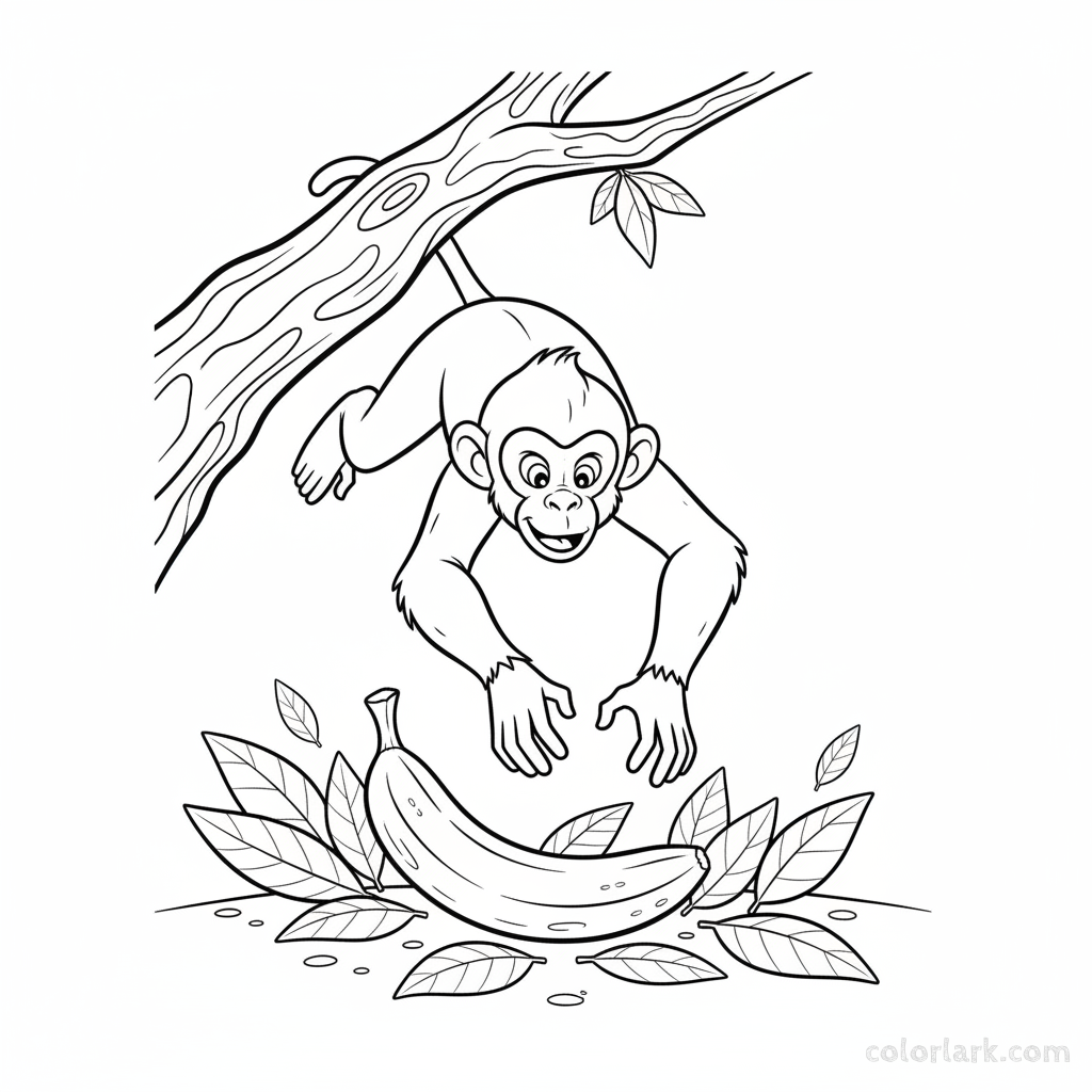 Black and white line art of a monkey making a swift pounce from a high tree branch towards a banana on the jungle floor.