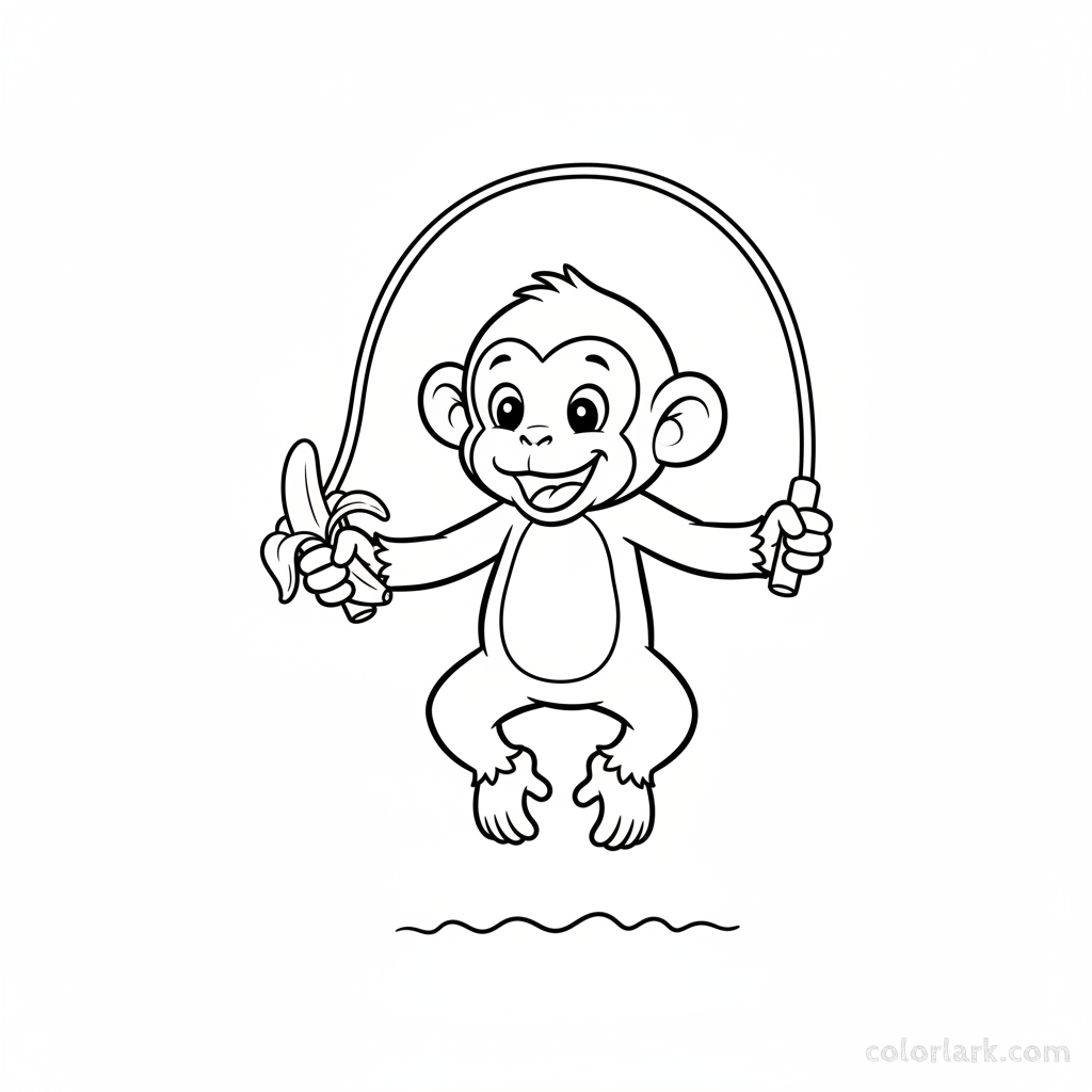Black and white line art of a monkey playfully skipping rope, mid-jump over the rope, holding a banana in one hand.