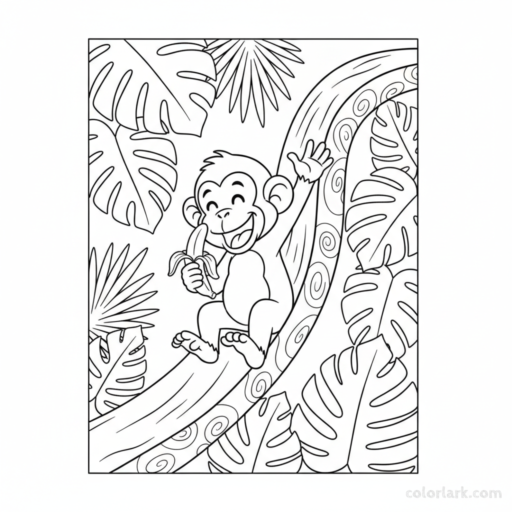 Black and white line art of a monkey playfully sliding down a thick vine like a slide, eating a banana.