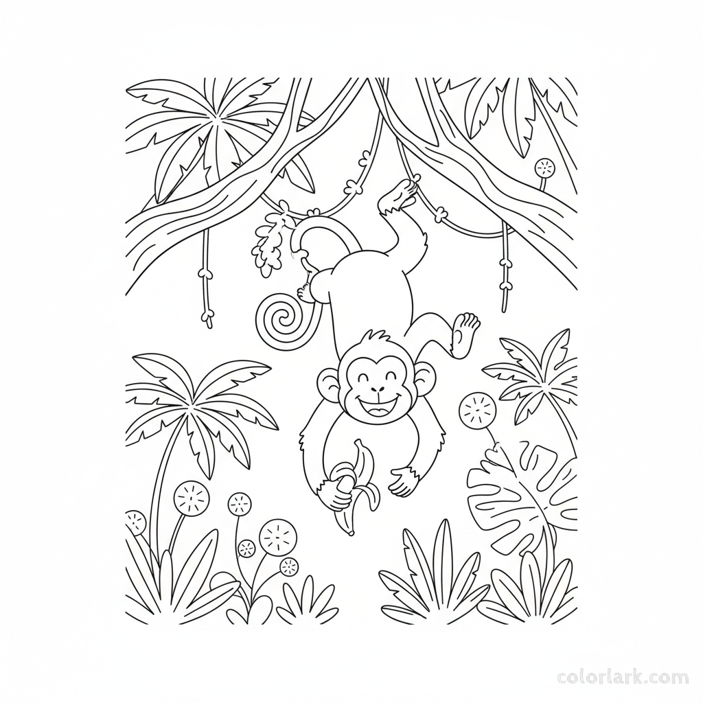 Black and white line art of a monkey performing a playful somersault in the air between branches, holding a banana.