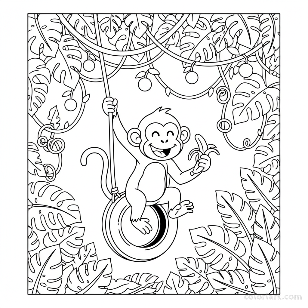 Line art of a monkey swinging from a tire swing, playfully eating a banana.