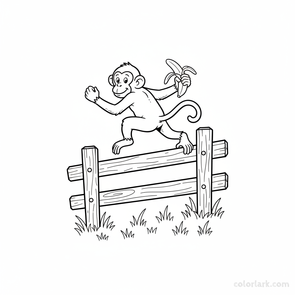 Line art of a lively monkey vaulting over a rustic wooden fence, holding a peeled banana.
