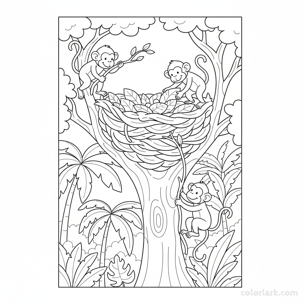 Black and white line art of monkeys building a nest in a tall jungle tree in India