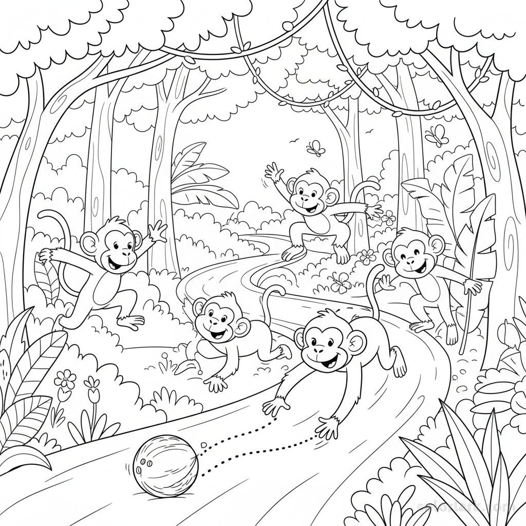 Black and white line art of monkeys chasing a rolling coconut through an Indian jungle path