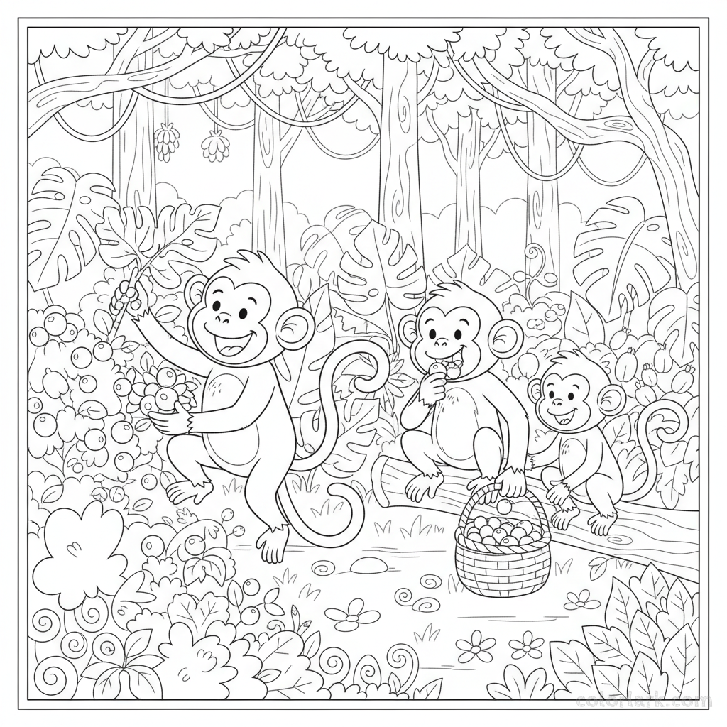 Black and white line art of monkeys gathering wild berries from bushes in an Indian jungle