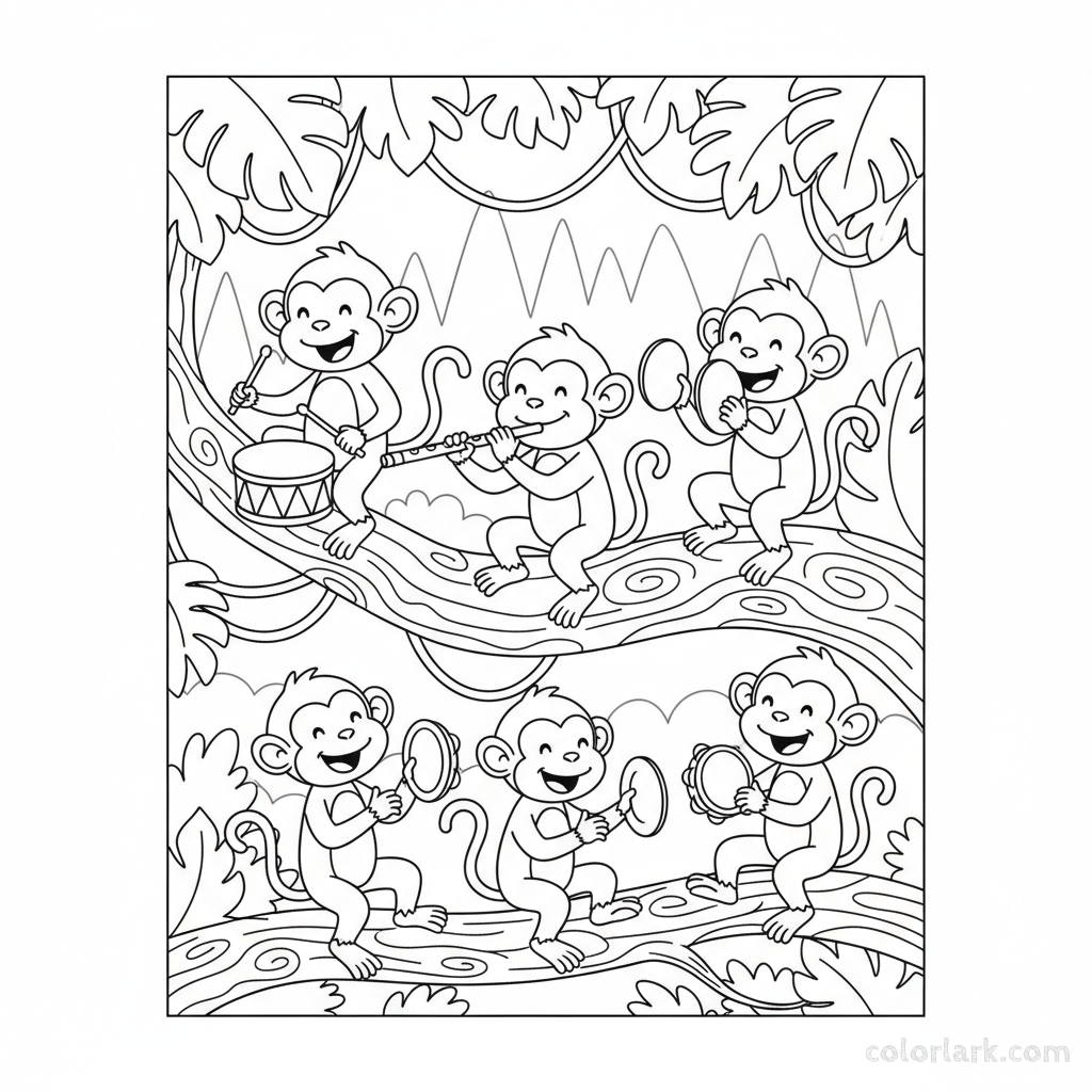 Black and white line art of monkeys playing musical instruments on a tree branch