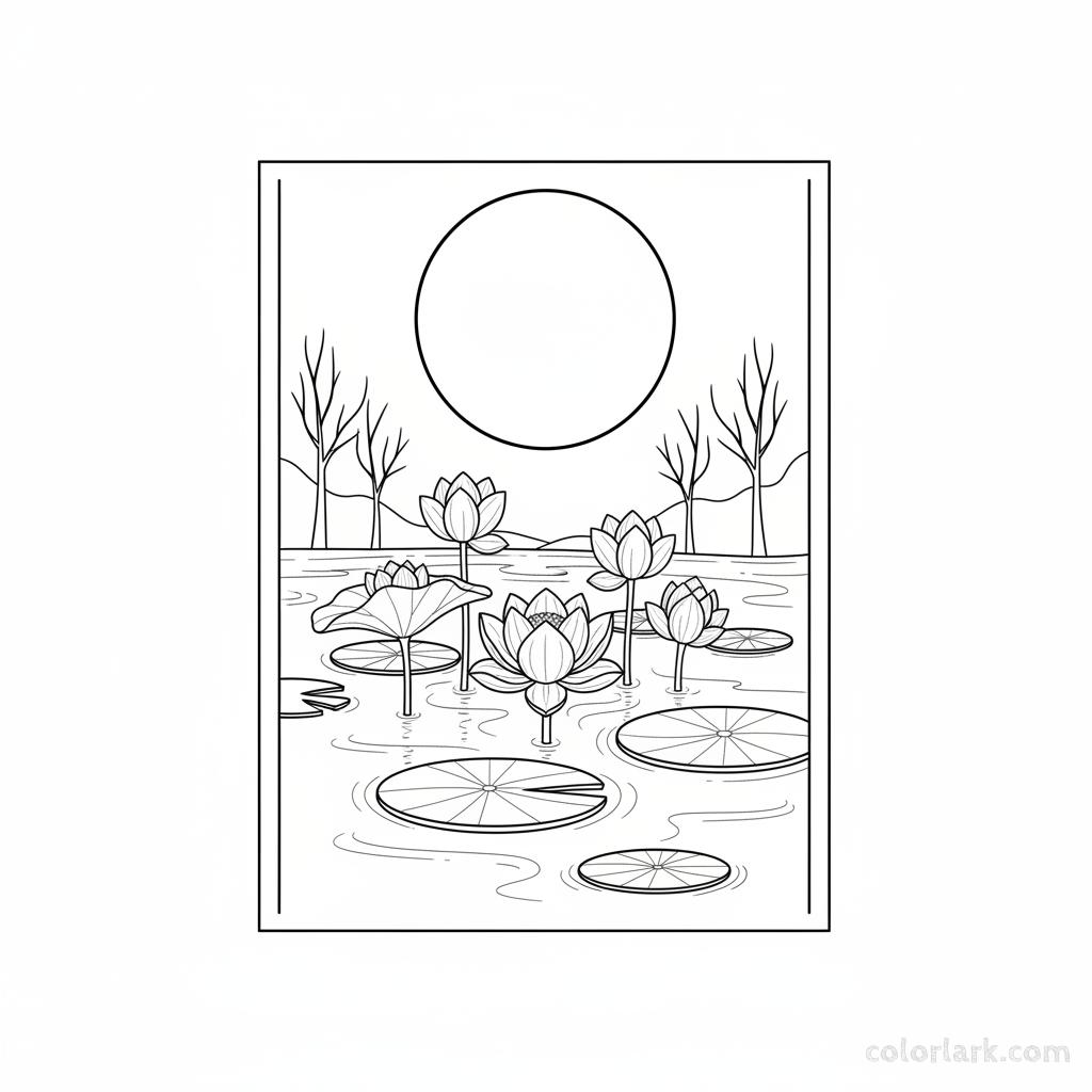Black and white line art of a moonlit lotus pond with night blooming flowers.