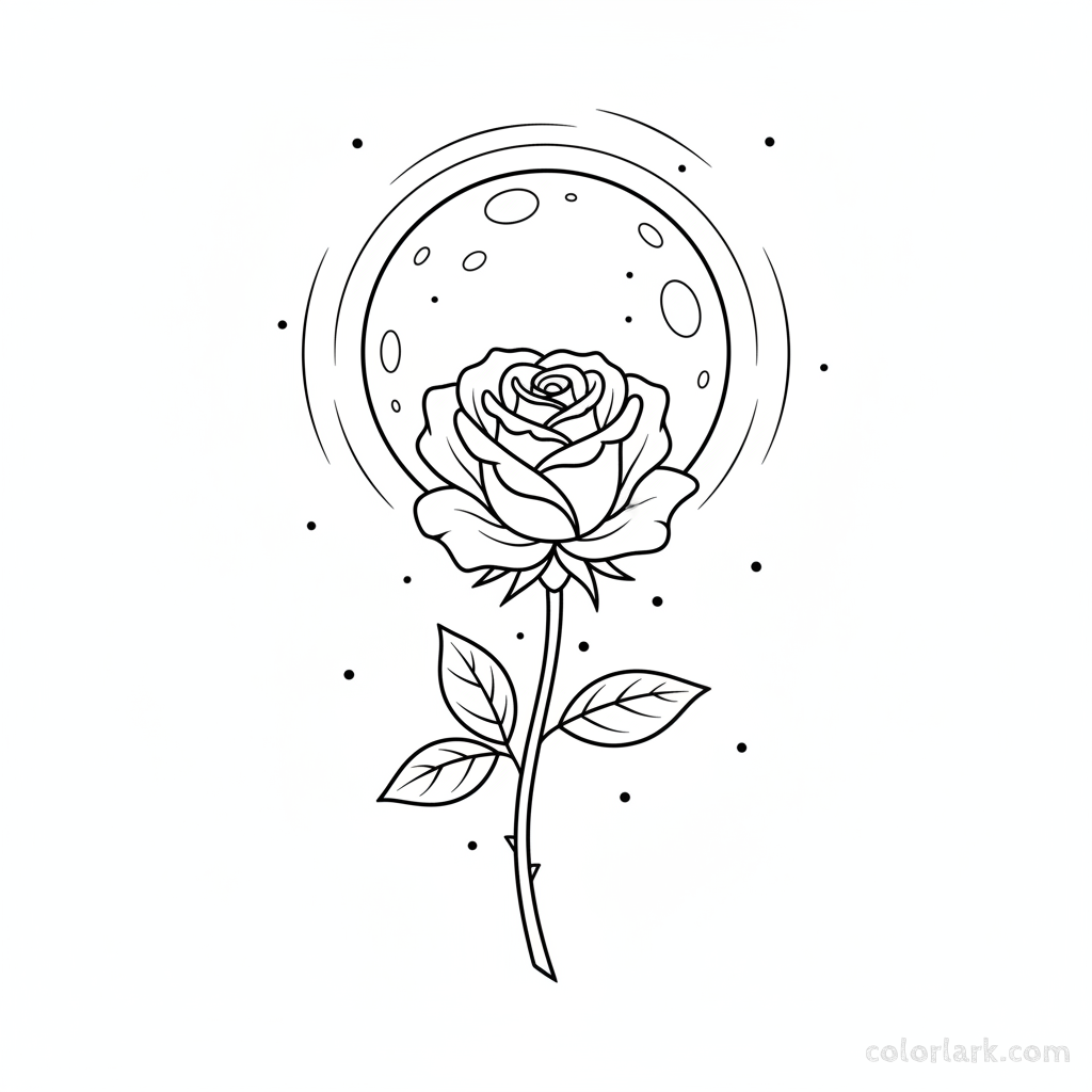 Black and white line art of an elegant rose under a full moon, suggesting a serene night garden
