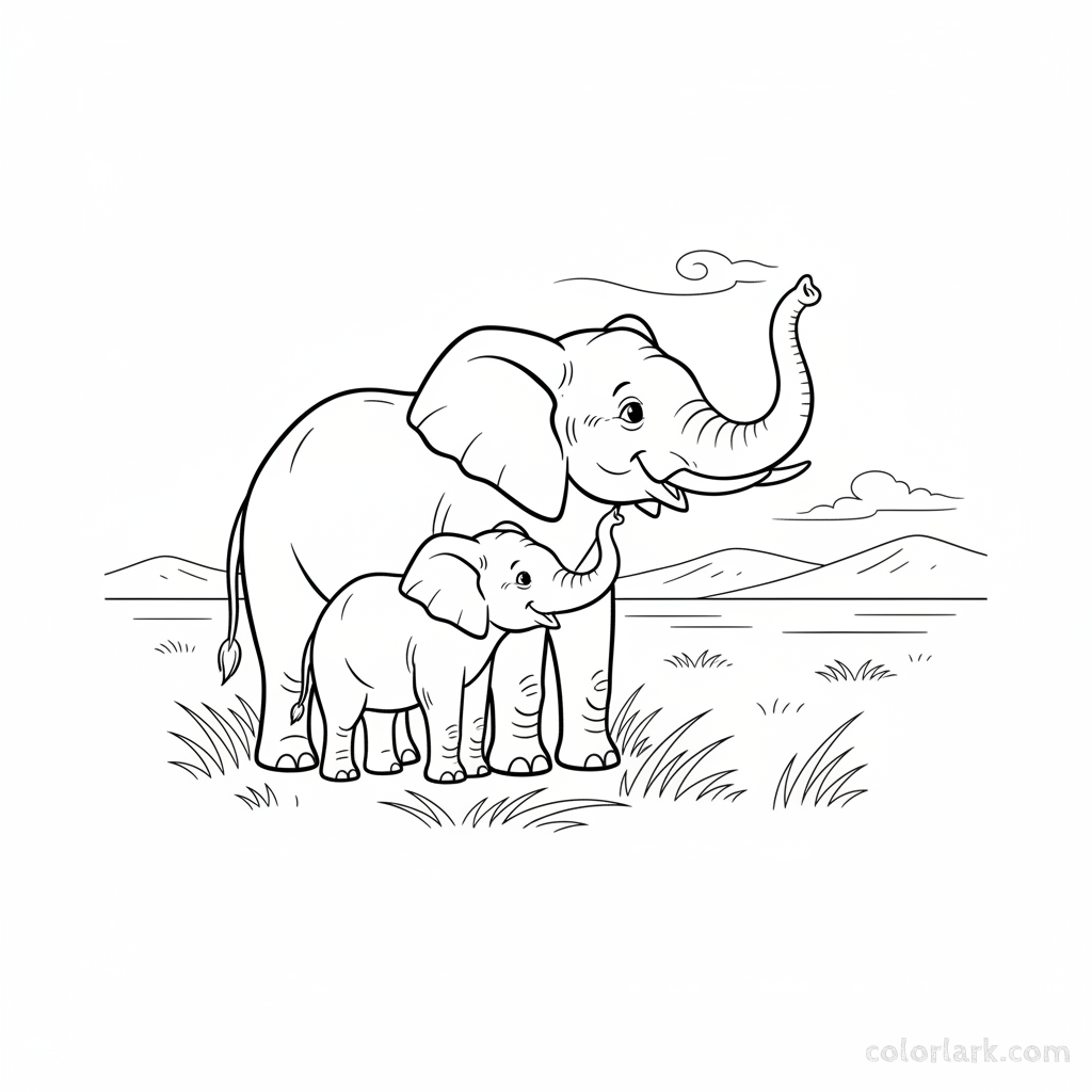 Mother and baby elephants coloring page, open plain, cool breeze.