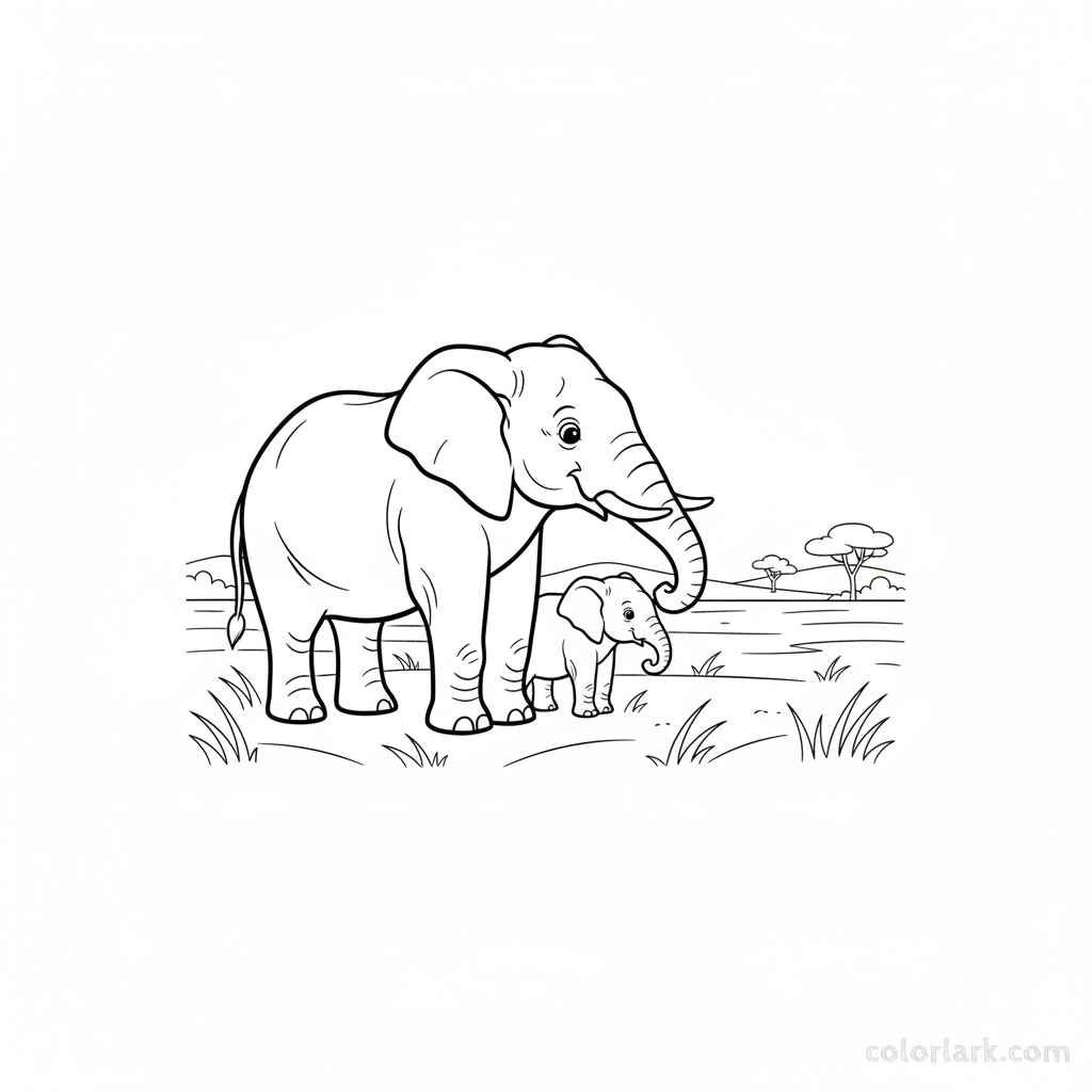 Mother & baby elephants gaze at horizon coloring page in forest clearing.