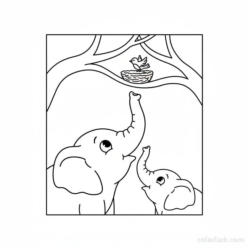 Mother and baby elephants looking up at bird's nest coloring page