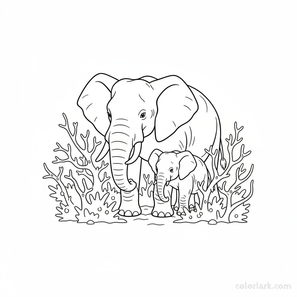 Mother and baby elephant coloring page navigating thorny bushes.