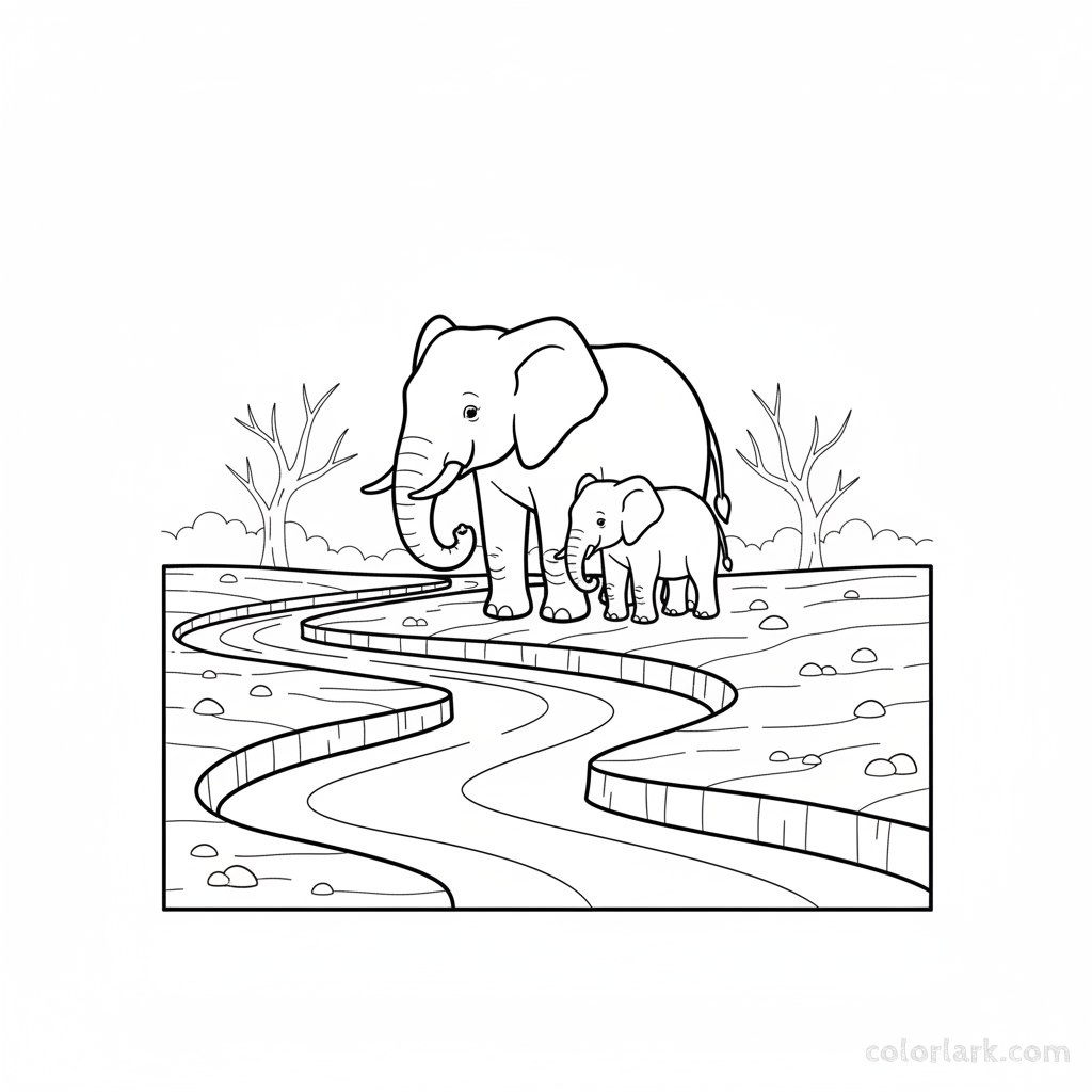 Mother and baby elephant coloring page near dry riverbed