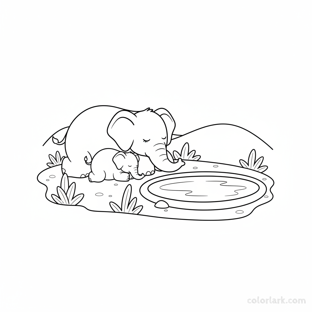 Coloring page of a mother and baby elephant resting by a calm pool.