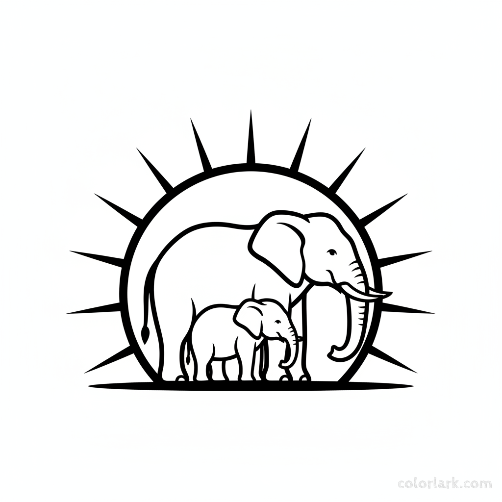 Mother and baby elephant silhouettes against rising sun coloring page