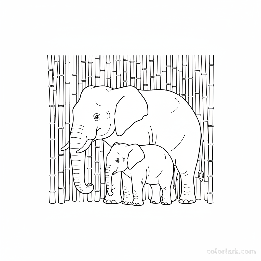 Mother and baby elephants with tall swaying bamboo coloring page.