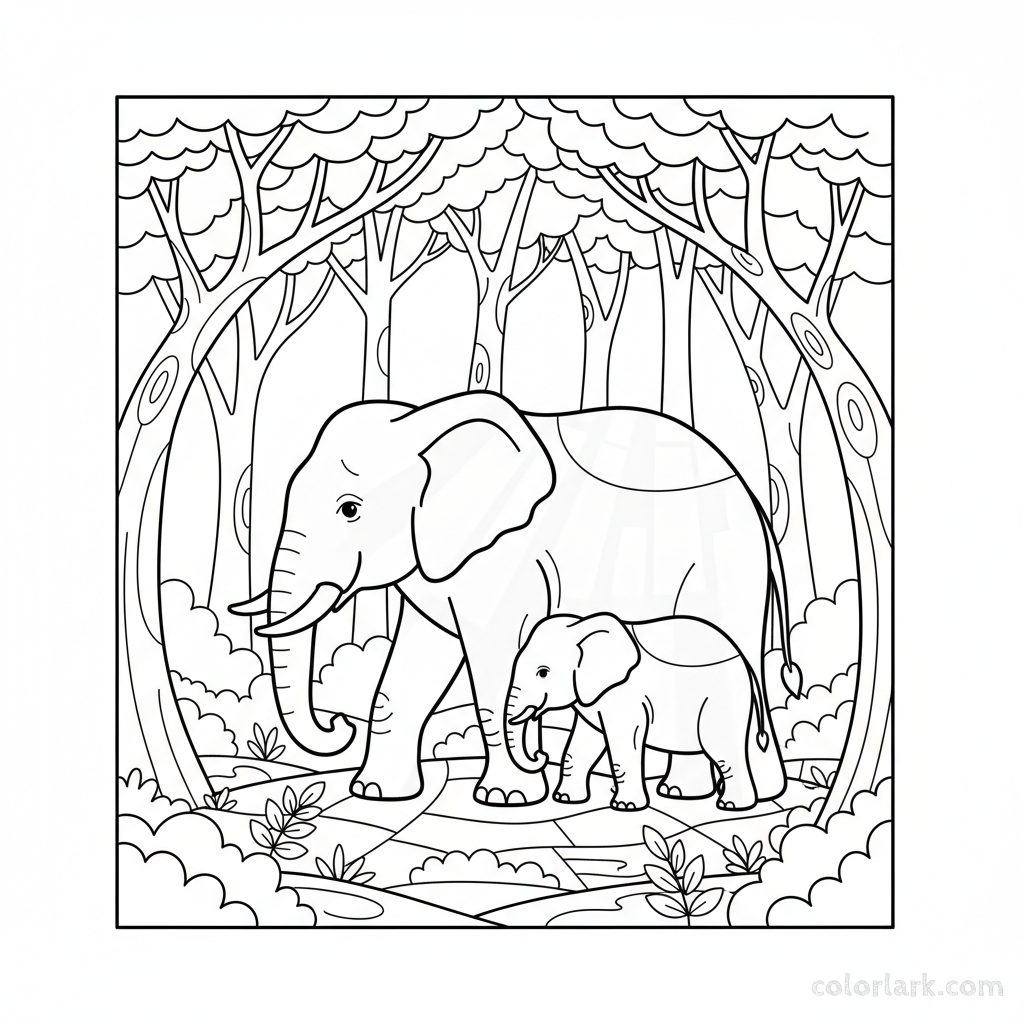 Free printable coloring page of a mother and baby elephant walking in dappled sunlight.