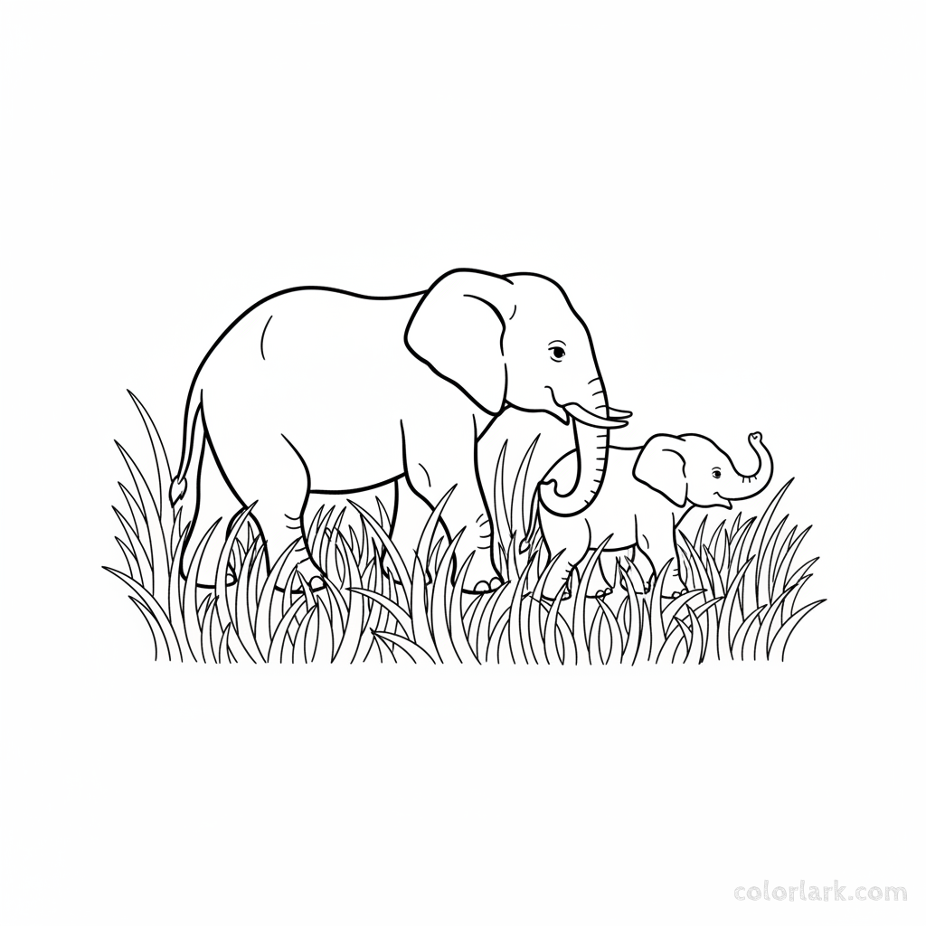 Mother and baby elephant coloring page walking through wild grasses
