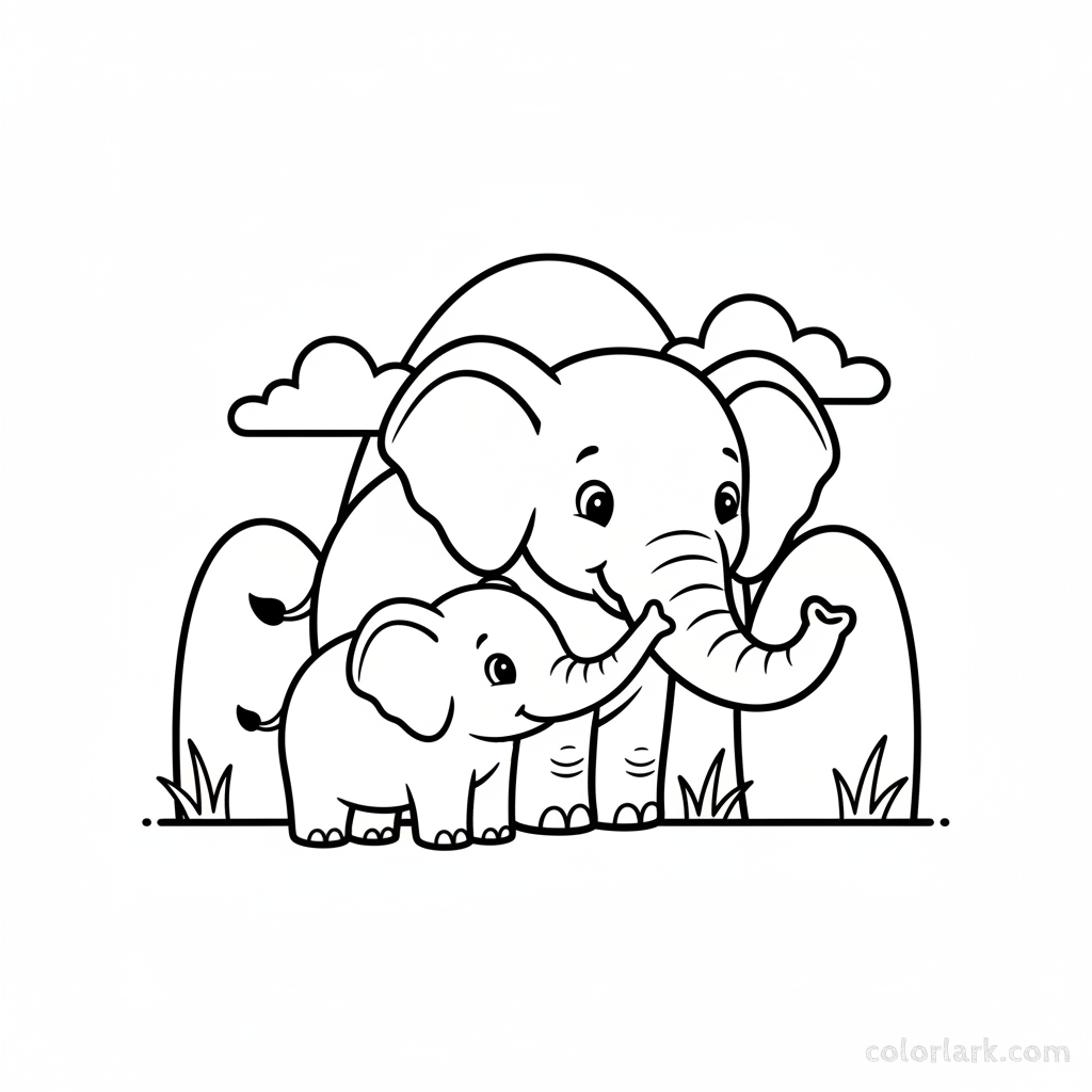 Black and white line art of a mother elephant gently caressing her baby with her trunk.