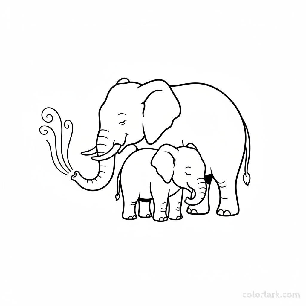 Mother elephant gently blowing air on baby elephant coloring page.
