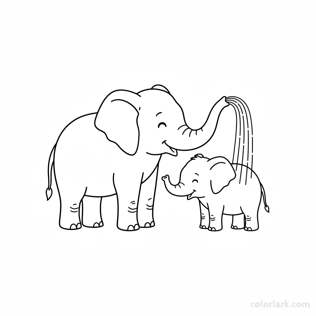 Mother elephant spraying baby elephant with trunk, free coloring page.