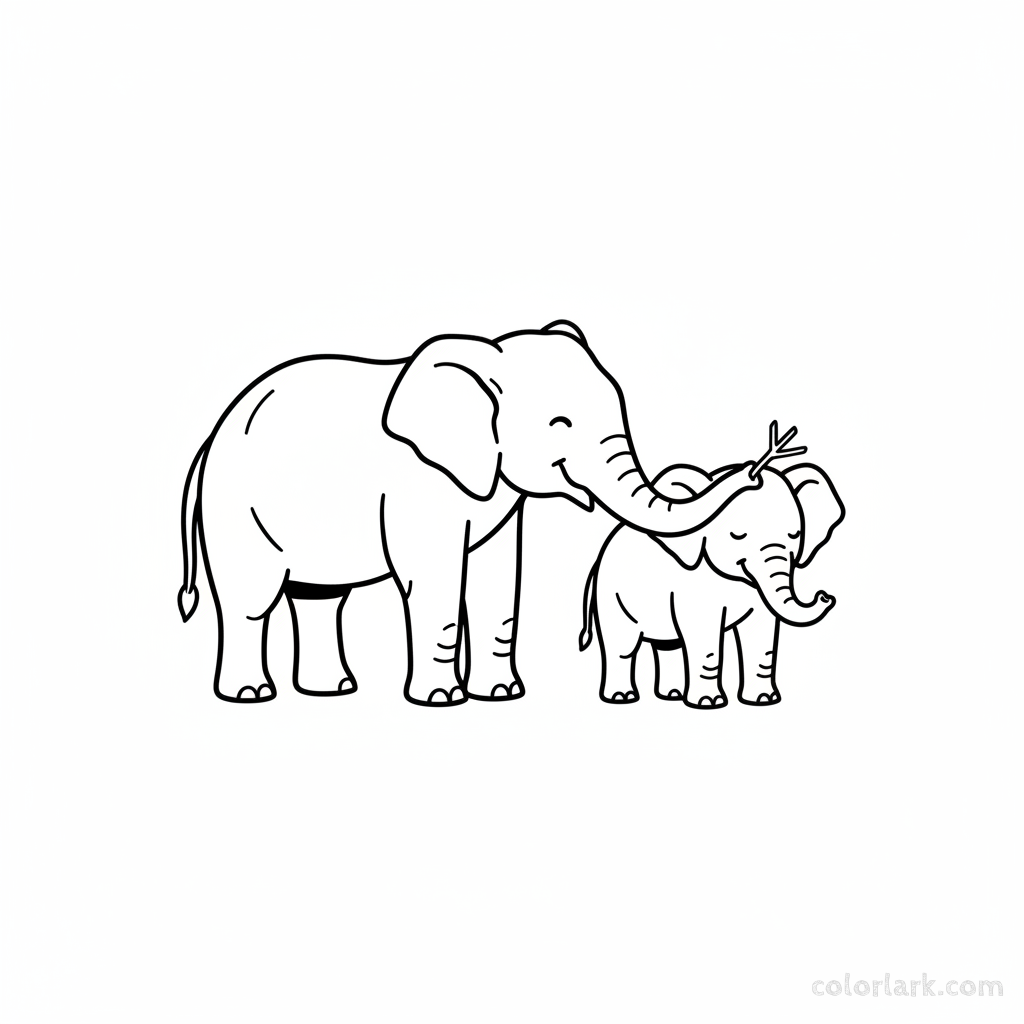Mother elephant gently removes twig from baby elephant's ear coloring page.