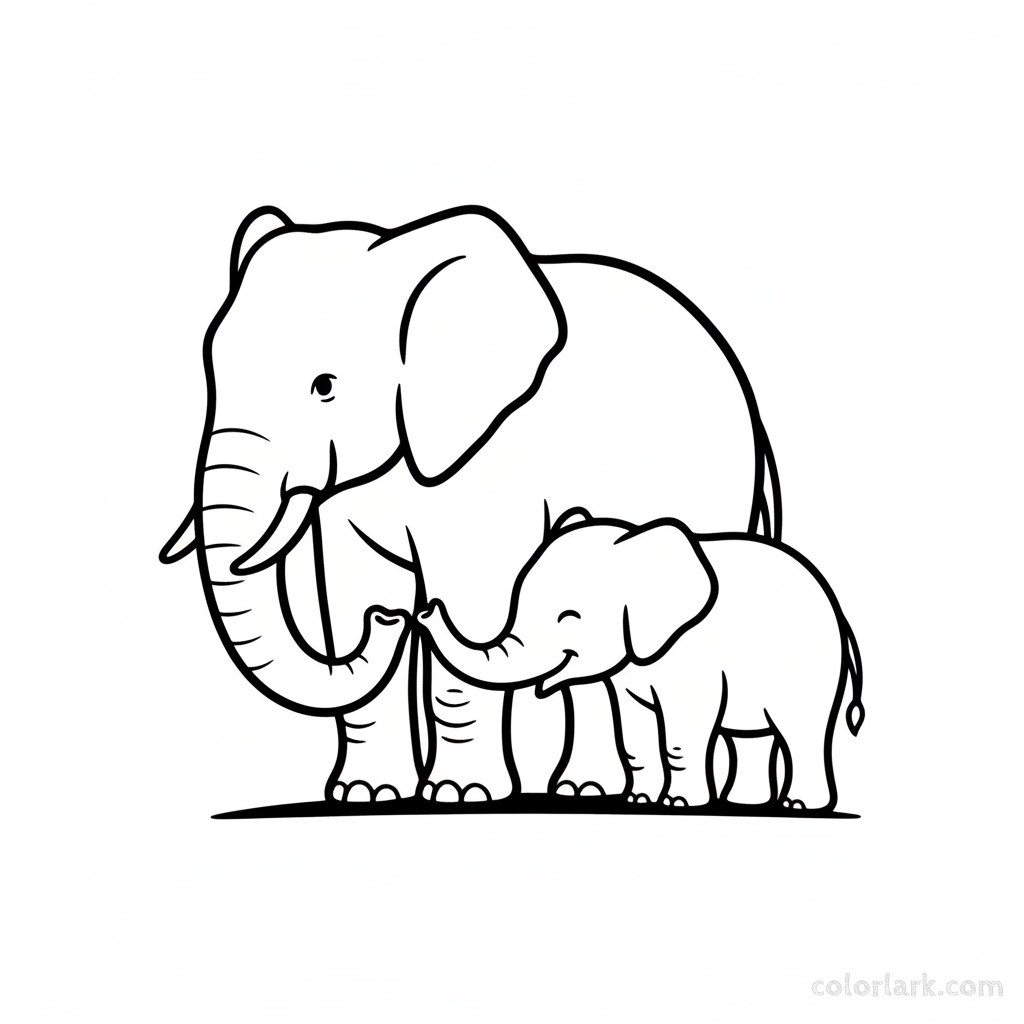 Mother elephant gently strokes baby elephant's back with trunk coloring page.