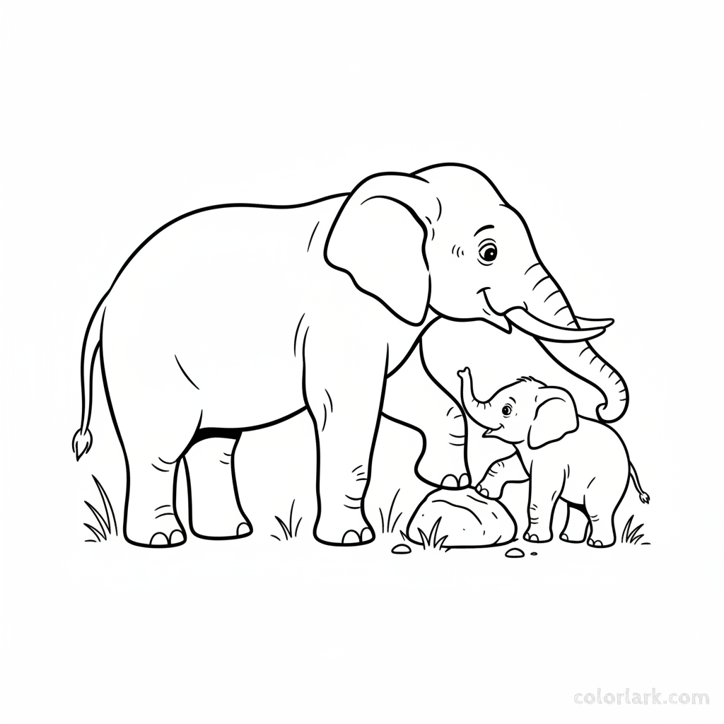 Mother elephant lifting baby elephant over obstacle coloring page
