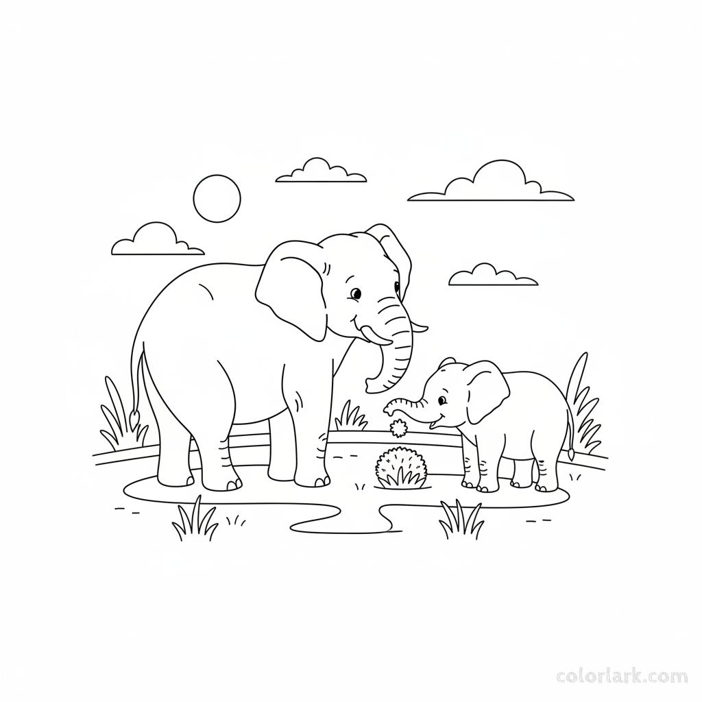 Mother elephant patiently waiting for baby elephant coloring page