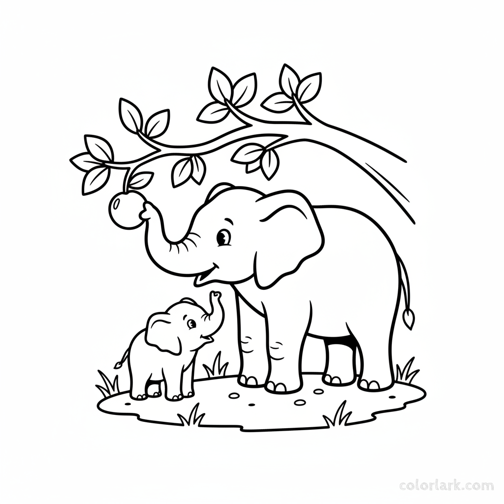 Mother elephant picking fruit for baby coloring page
