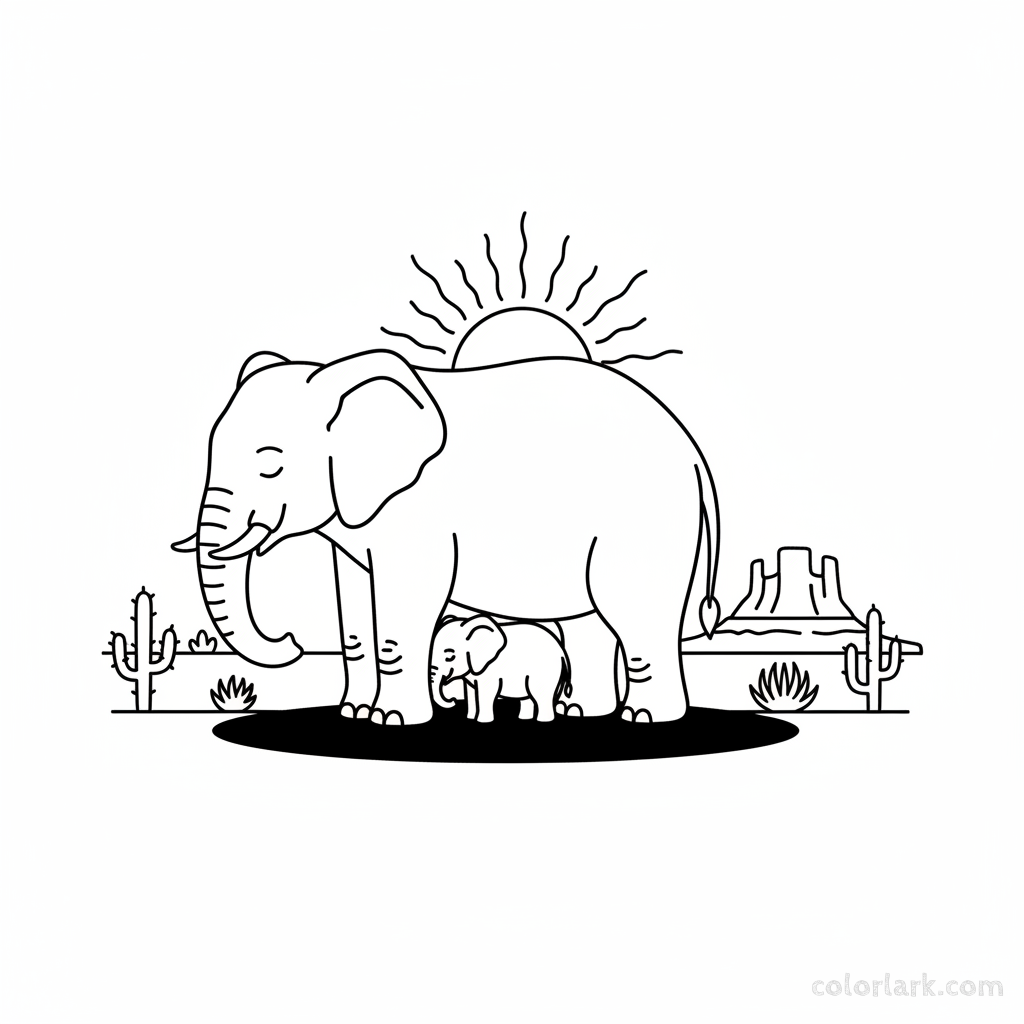 Mother elephant shading baby elephant from the sun coloring page
