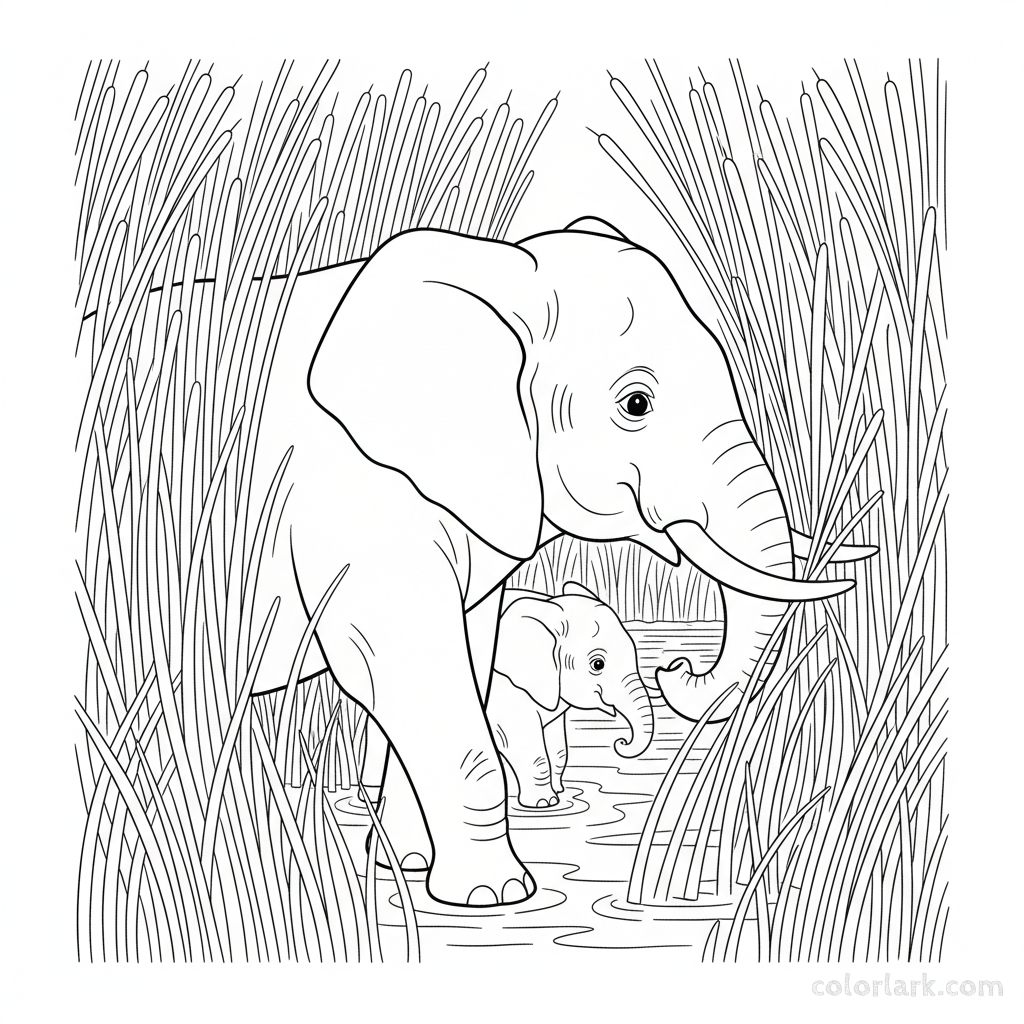 Mother and baby elephant coloring page walking through reeds.