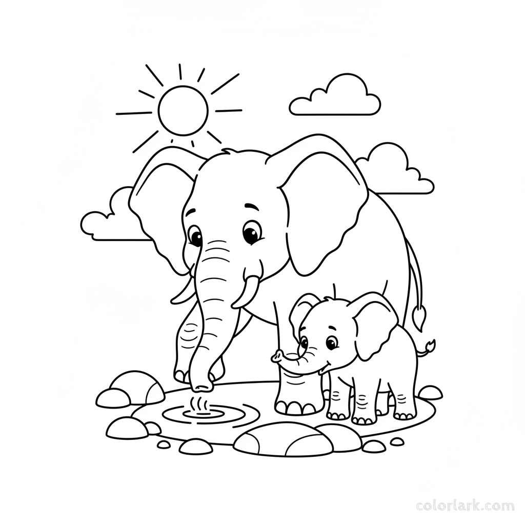 Mother elephant teaching baby elephant how to test ground firmness coloring page.