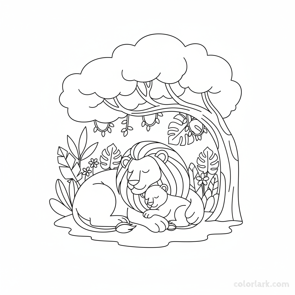 Black and white line art of a mother lioness and cub napping under a shady tree in an Indian jungle